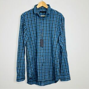 NWT John Varvatos Blue Plaid Cotton Button Up M